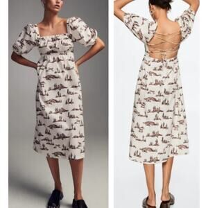 Mango Western Cactus Horse Print Midi Dress Cotton Lace-Up Back 6 M Prairie
